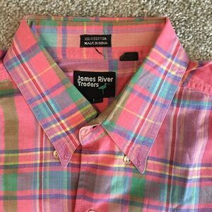 Vintage India Madras Plaid pocket summer retro shirt-Pink Tone tartan cotton L